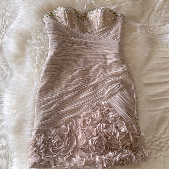 Nude Beige cocktail formal dress strapless mini bodycon jeweled pleated florette - Picture 2 of 11